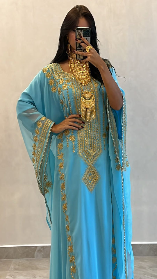 Designer farasha with golden Aari work and golden crystals
