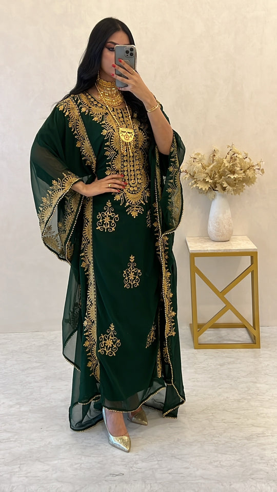 Designer farasha with golden Aari work and golden crystals
