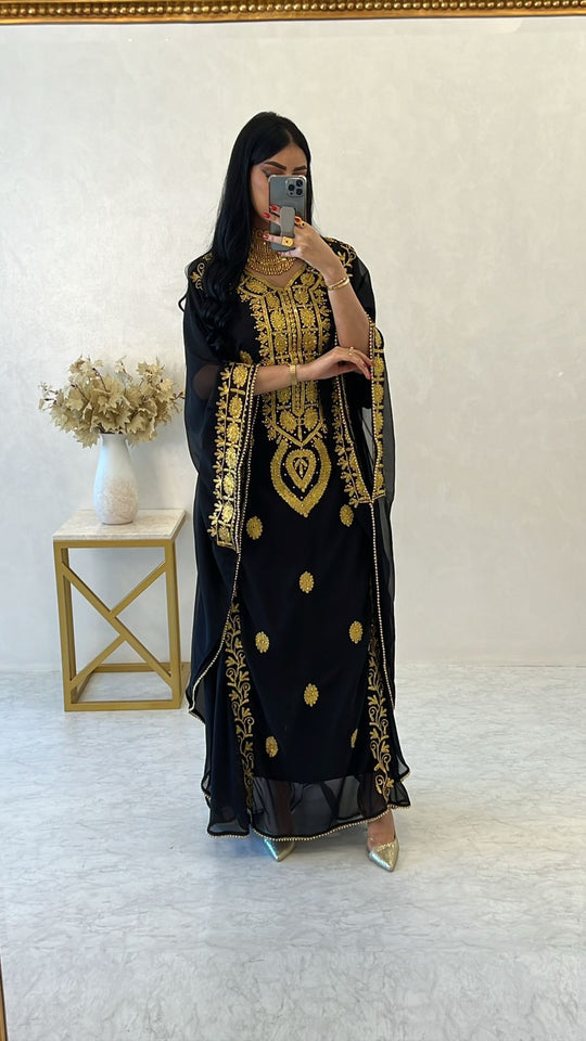 Designer farasha with golden Aari work and golden crystals