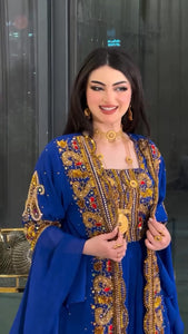 modern royal blue two piece kaftan with heavy embroidery