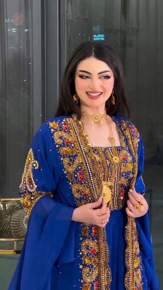 modern royal blue two piece kaftan with heavy embroidery