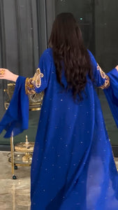 modern royal blue two piece kaftan with heavy embroidery