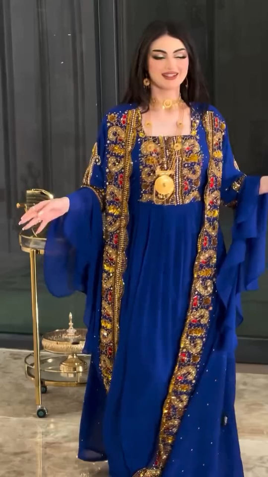 modern royal blue two piece kaftan with heavy embroidery