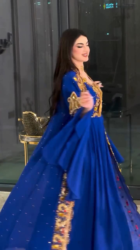 modern royal blue two piece kaftan with heavy embroidery