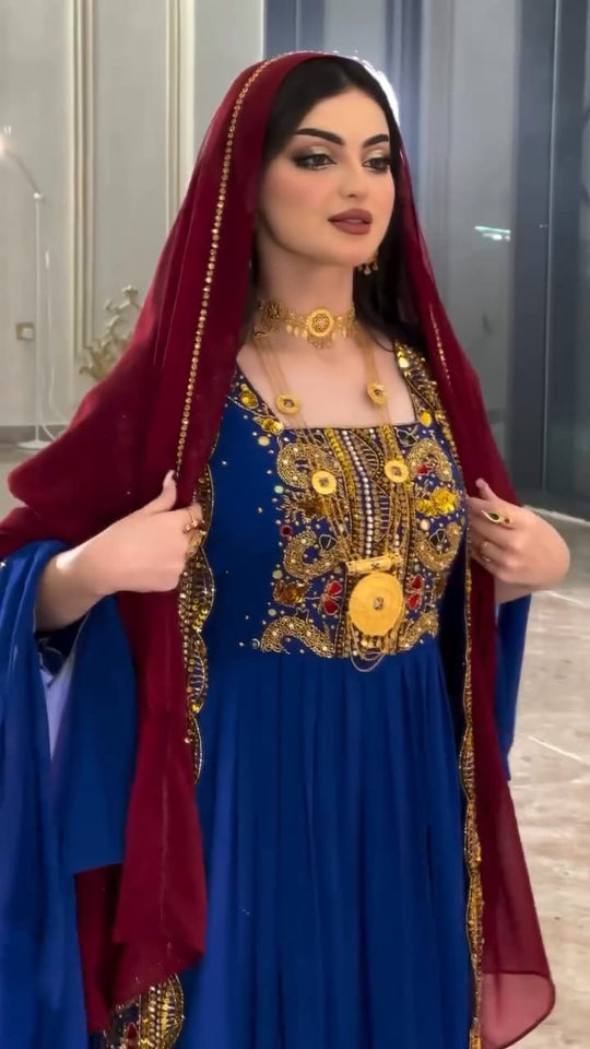 modern royal blue two piece kaftan with heavy embroidery