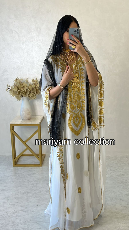 Designer farasha with golden Aari work and golden crystals