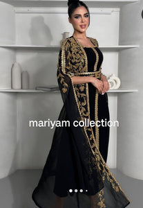 Designer black bridal wear kaftan with golden embroidery
