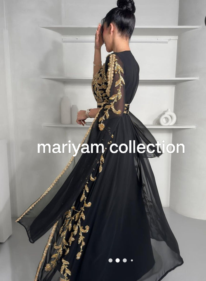 Designer black bridal wear kaftan with golden embroidery