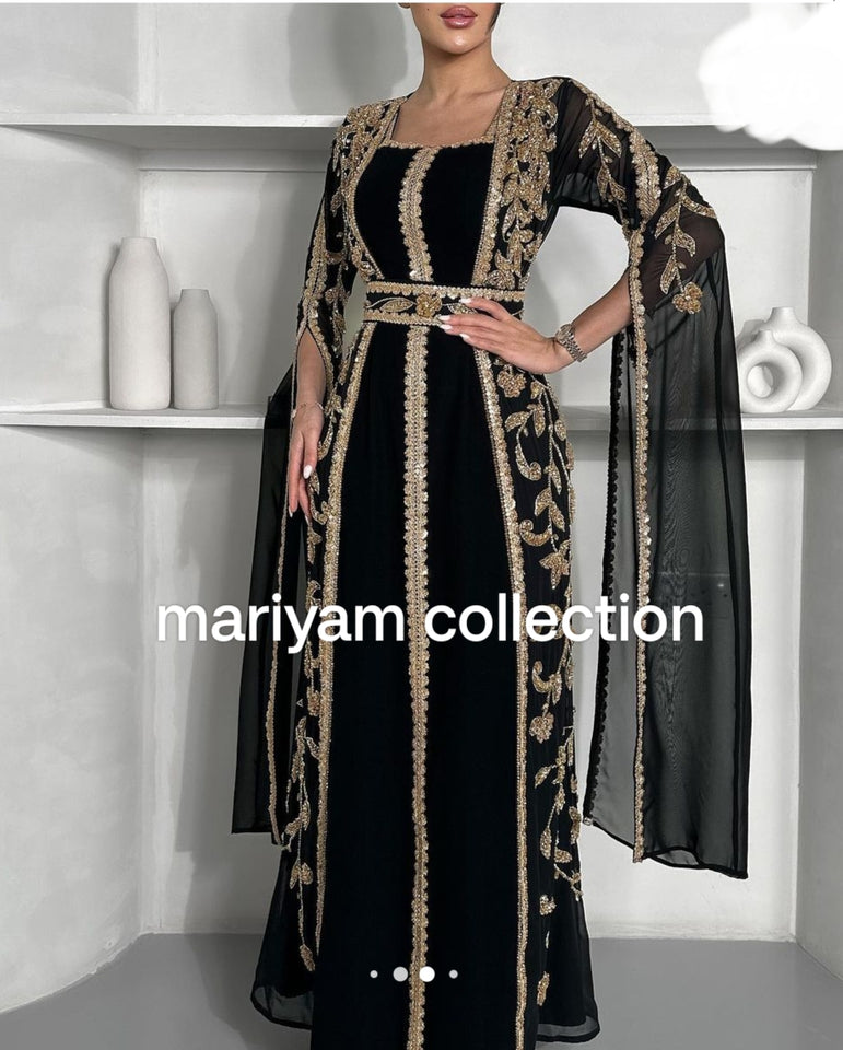 Designer black bridal wear kaftan with golden embroidery