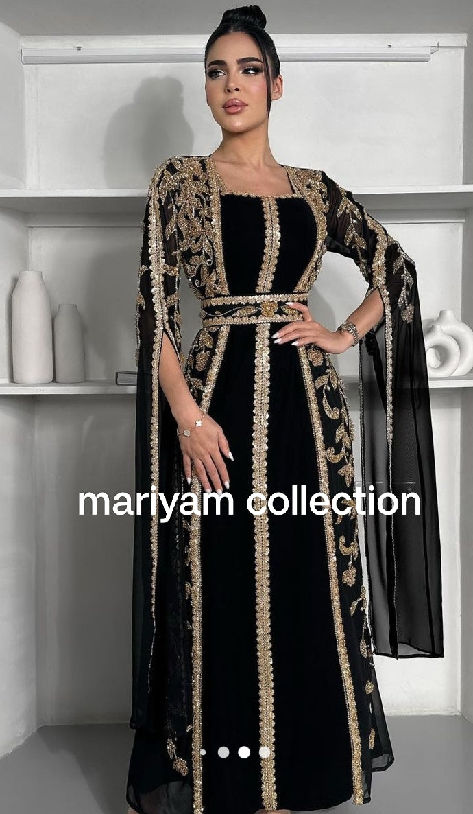 Designer black bridal wear kaftan with golden embroidery