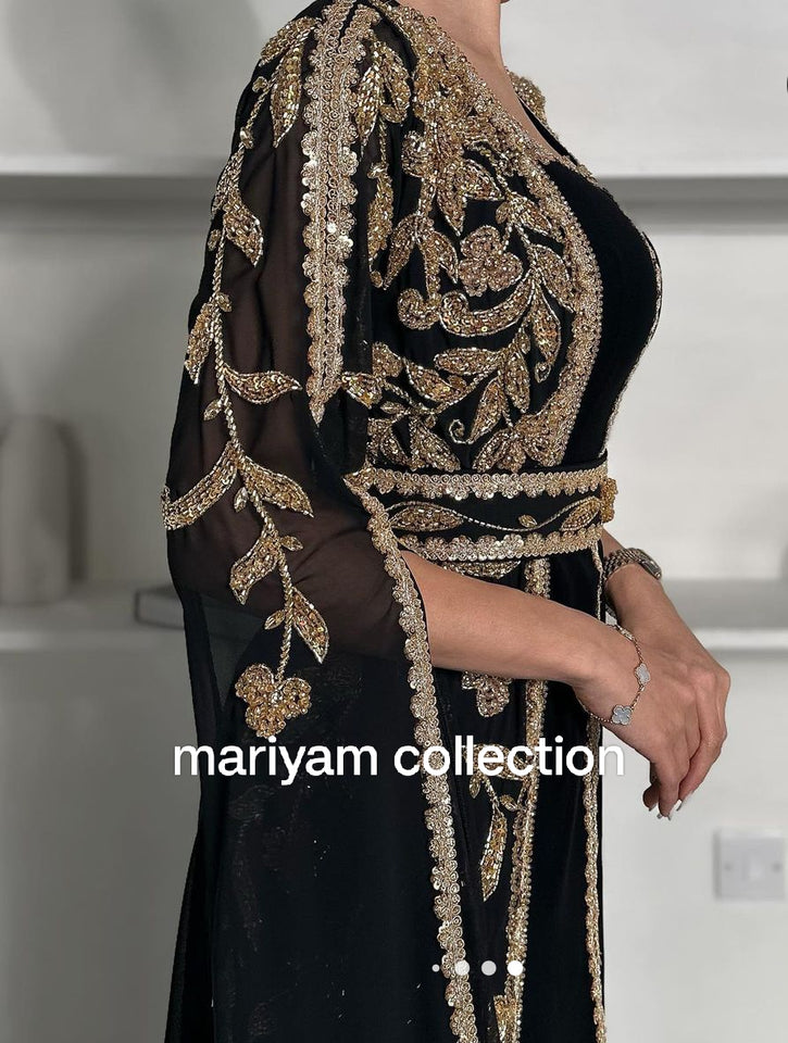 Designer black bridal wear kaftan with golden embroidery
