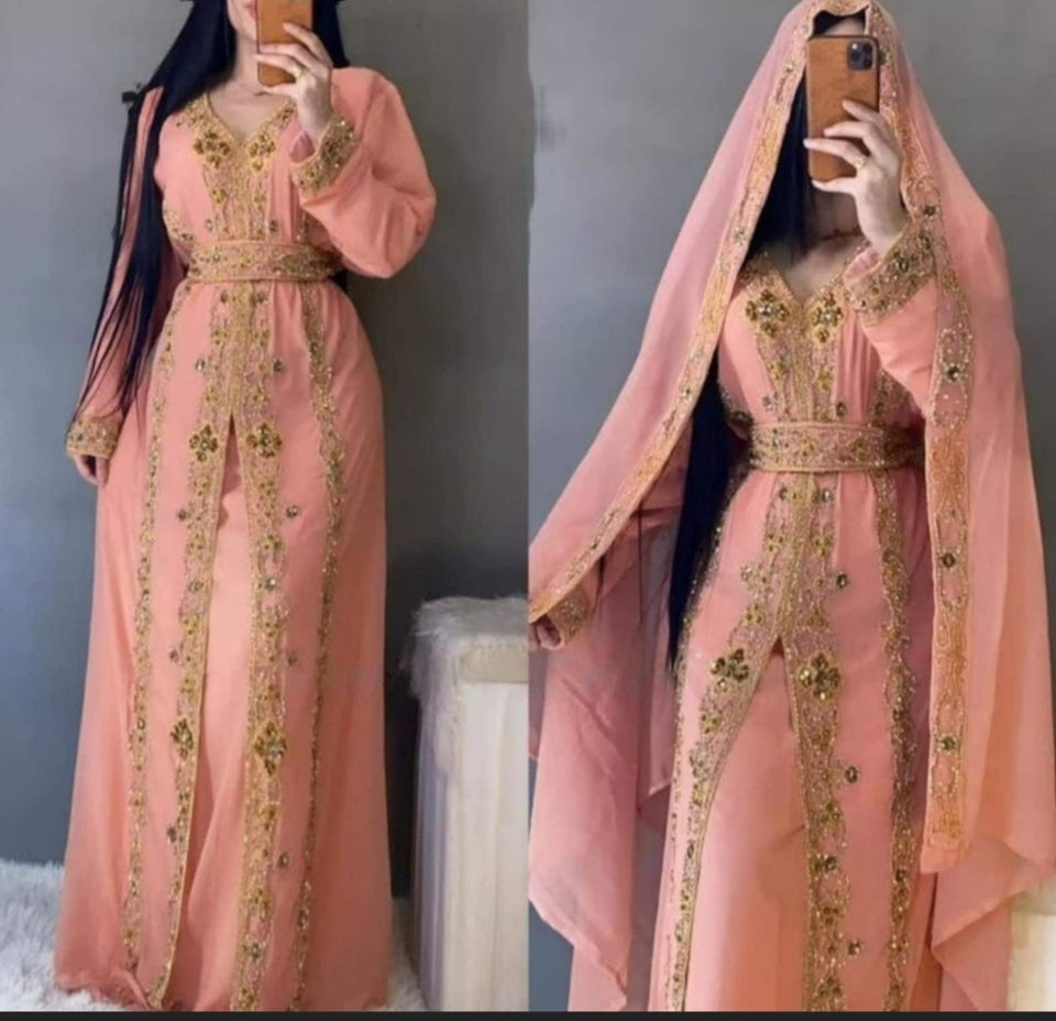 Moroccan Embroidered luxurious Caftan , Moroccan Kaftan with headscarf