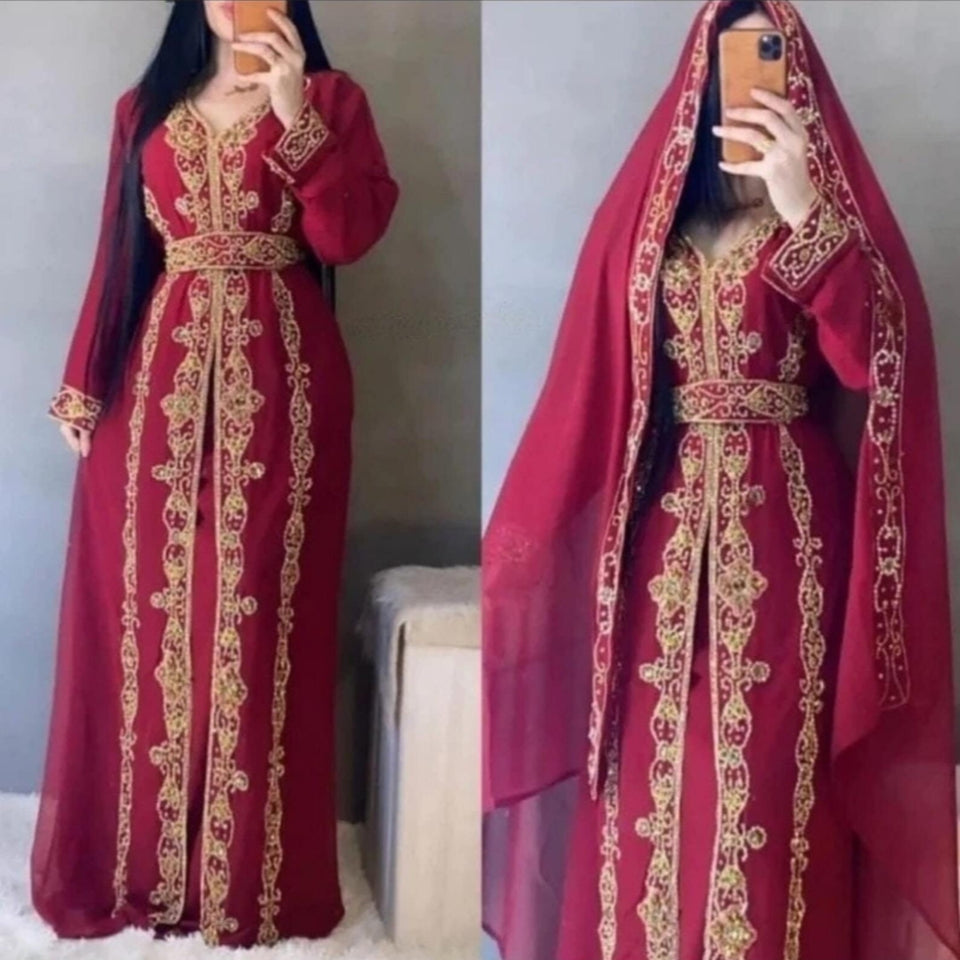 Moroccan Embroidered luxurious Caftan , Moroccan Kaftan with headscarf