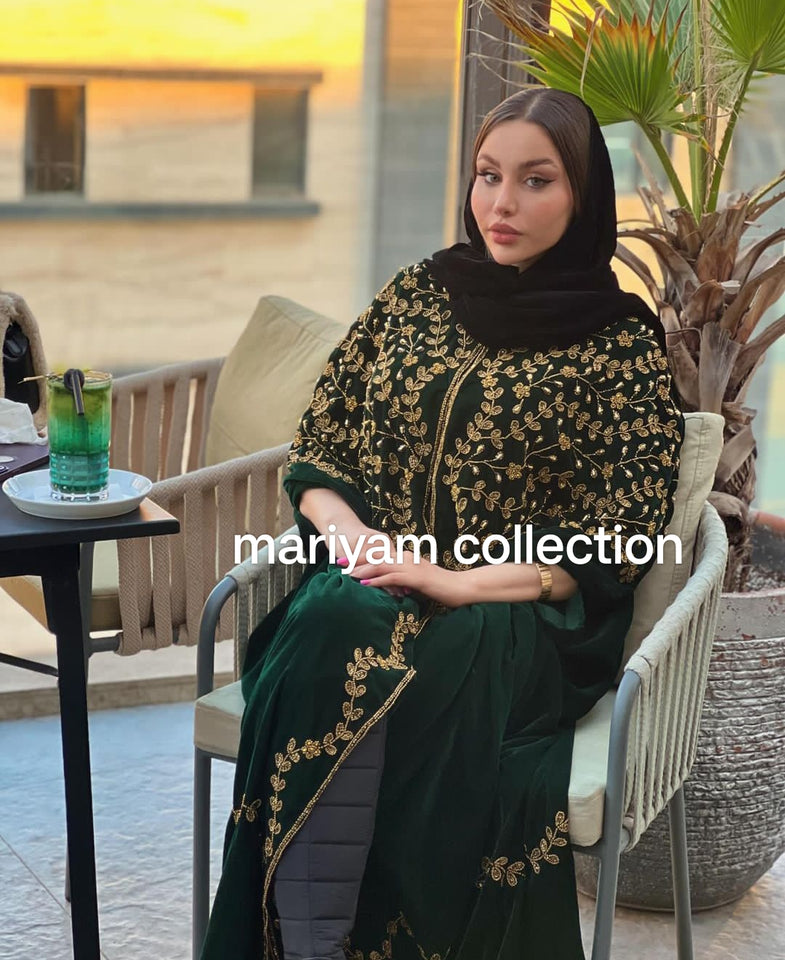 Green Winter Abaya With Golden Embroidery
