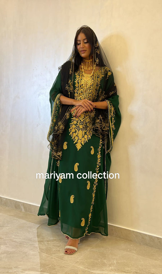 Designer farasha with golden Aari work and golden crystals