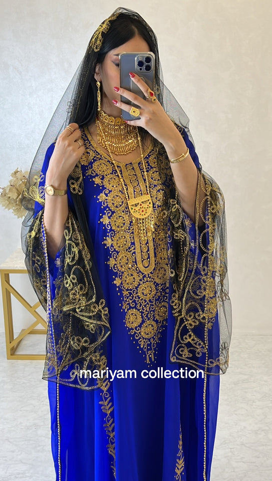 Designer farasha with golden Aari work and golden crystals