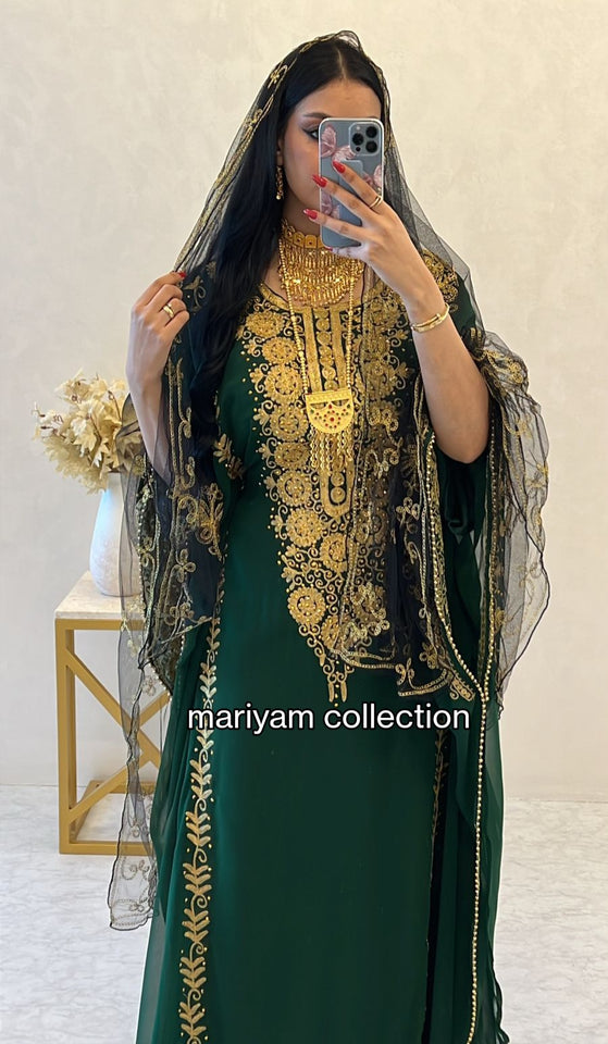 Designer farasha with golden Aari work and golden crystals