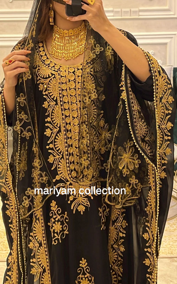 Designer farasha with golden Aari work and golden crystals