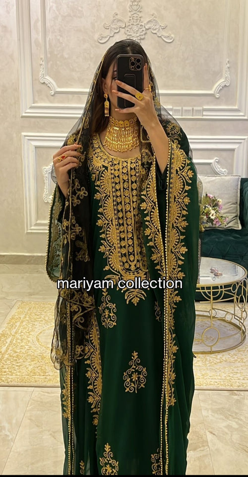 Designer farasha with golden Aari work and golden crystals