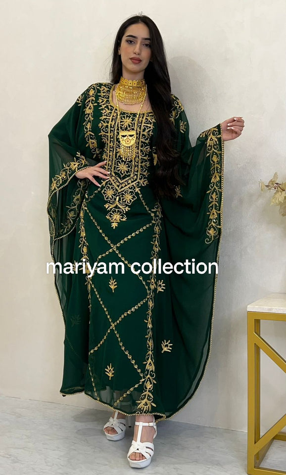 Designer farasha with golden Aari work and golden crystals