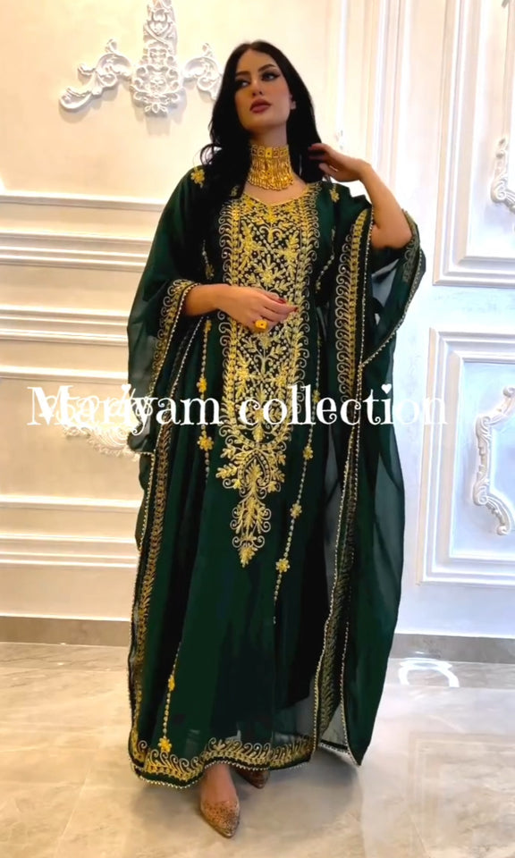 Designer farasha with golden Aari work and golden crystals