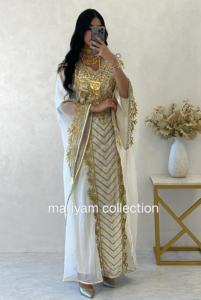 Designer farasha with golden Aari work and golden crystals