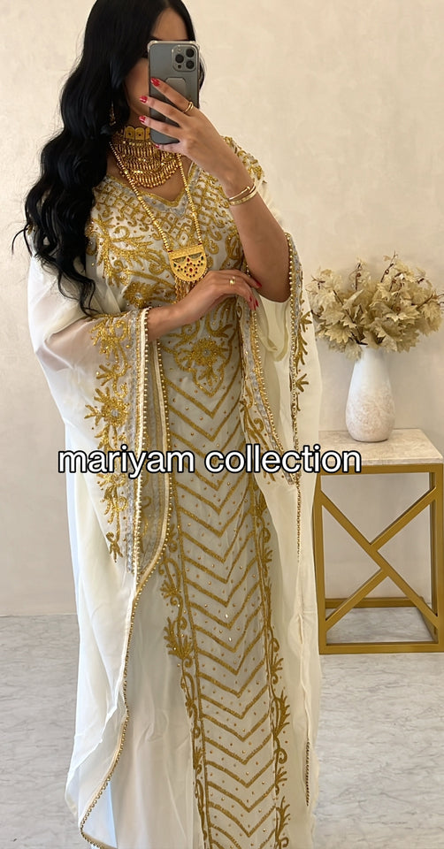 Designer farasha with golden Aari work and golden crystals