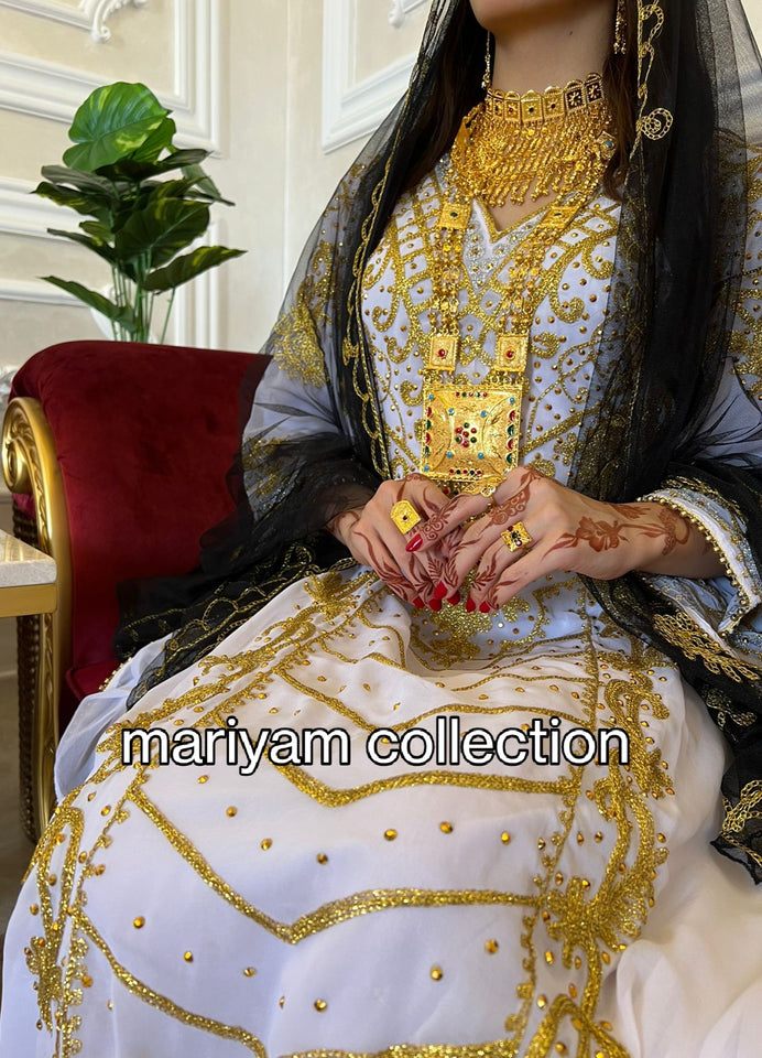 Designer farasha with golden Aari work and golden crystals