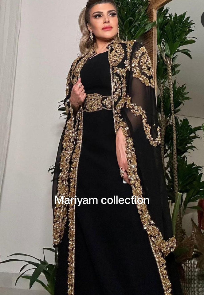 Designer black bridal wear kaftan with golden embroidery
