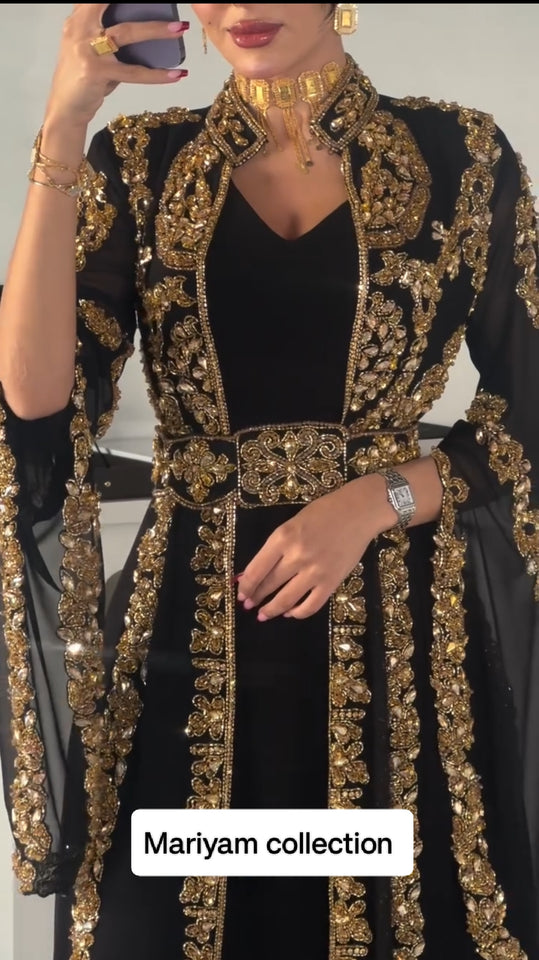 Designer black bridal wear kaftan with golden embroidery
