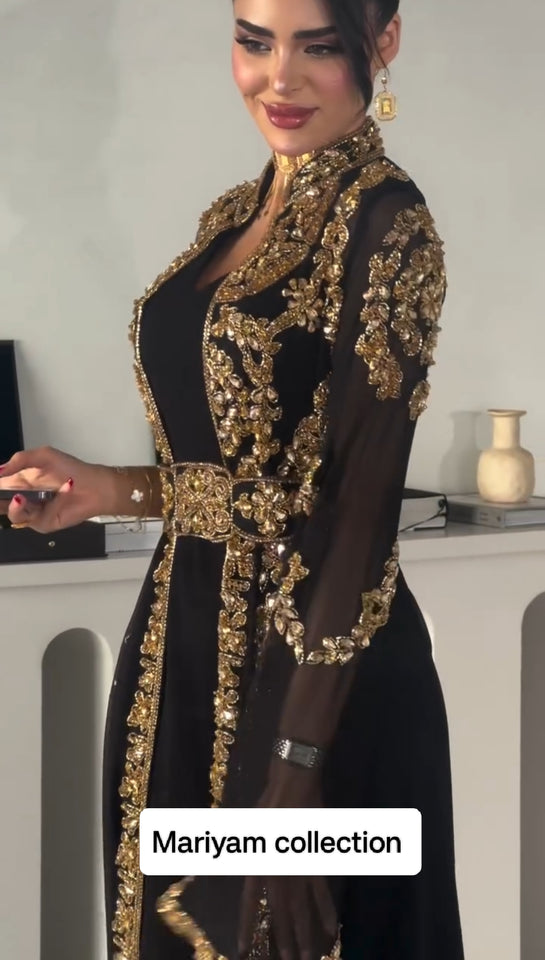 Designer black bridal wear kaftan with golden embroidery