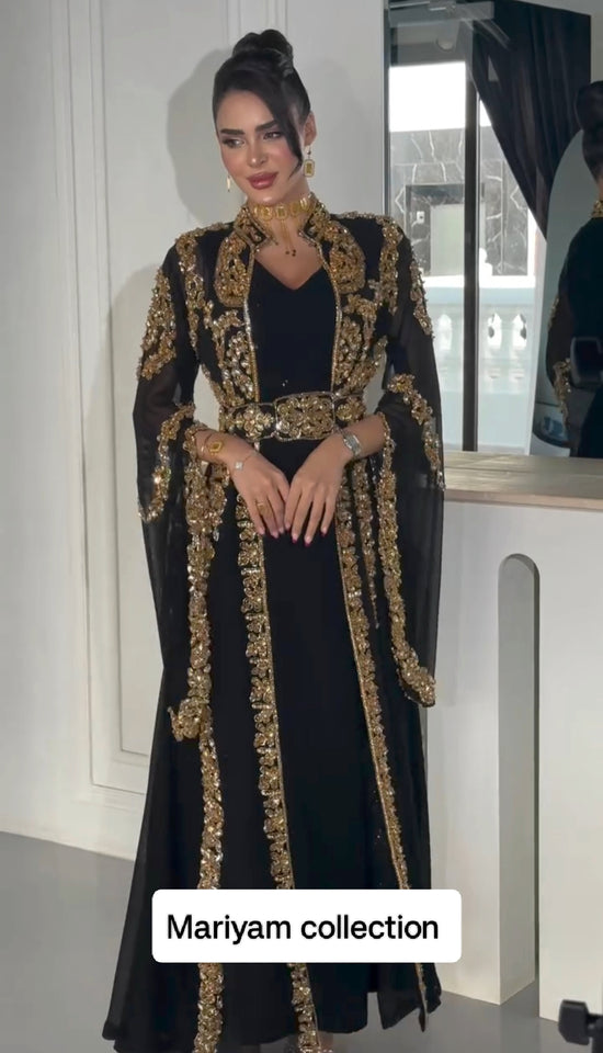 Designer black bridal wear kaftan with golden embroidery