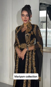 Designer black bridal wear kaftan with golden embroidery