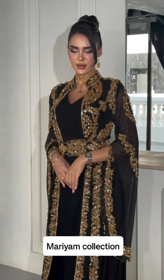 Designer black bridal wear kaftan with golden embroidery