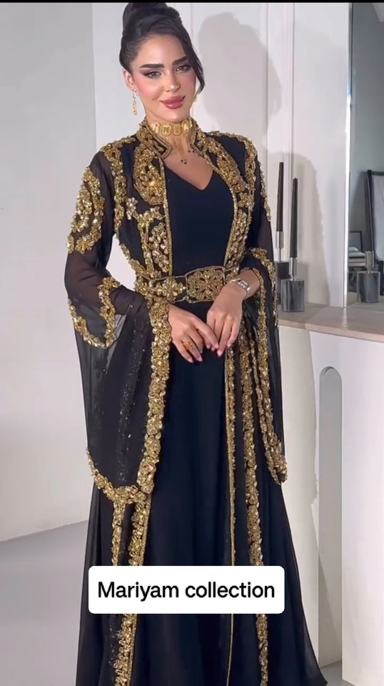 Designer black bridal wear kaftan with golden embroidery