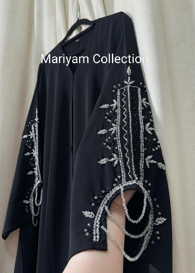 party wear abaya with silver sleeve embroidery