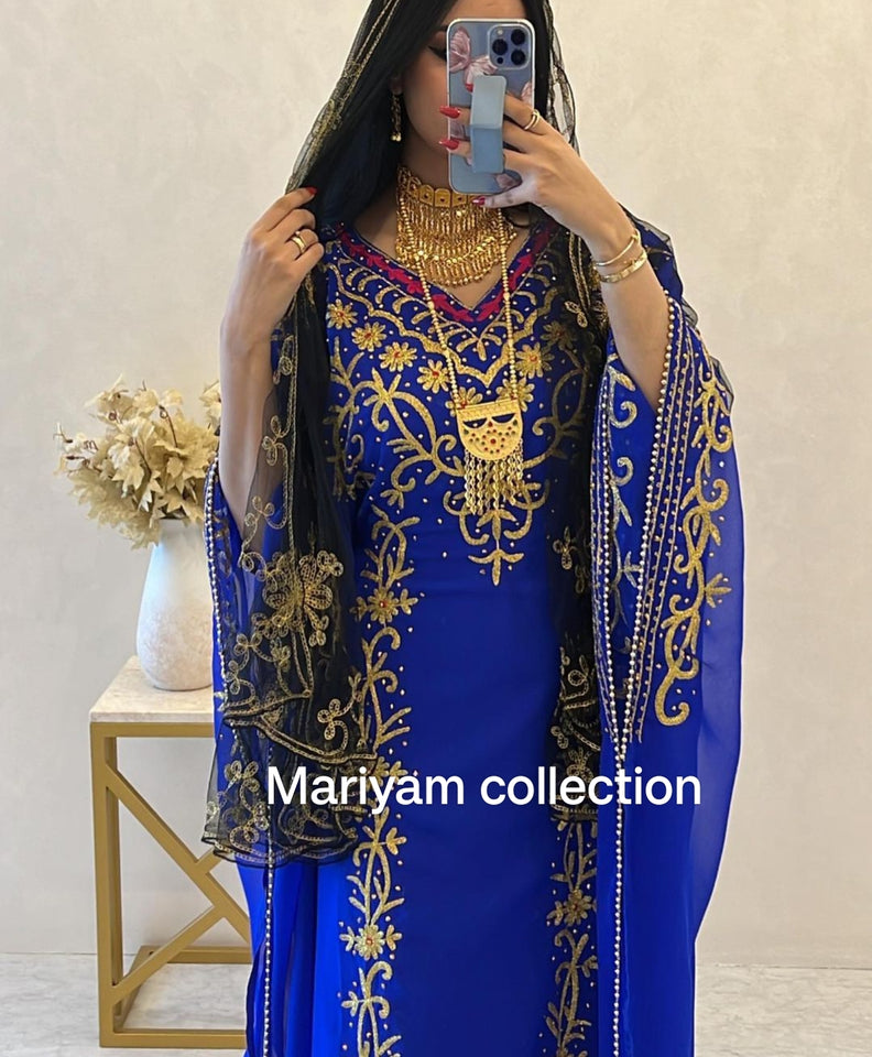 Designer farasha with golden Aari work and golden crystals