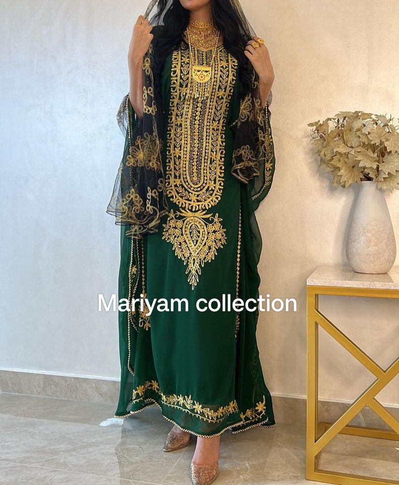 Designer farasha with golden Aari work and golden crystals