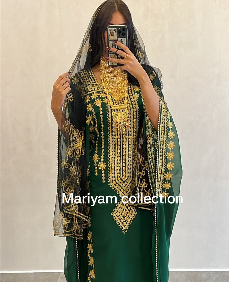Designer farasha with golden Aari work and golden crystals