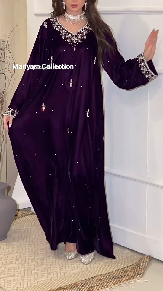 Purple Velvet Gown With silver Crystal Hand Embroidery