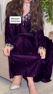 Purple Velvet Gown With silver Crystal Hand Embroidery
