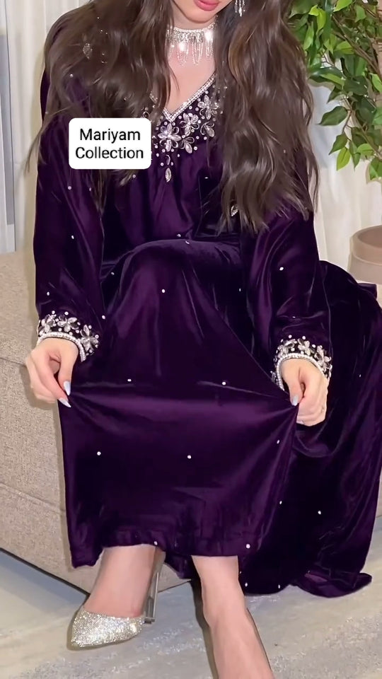 Purple Velvet Gown With silver Crystal Hand Embroidery