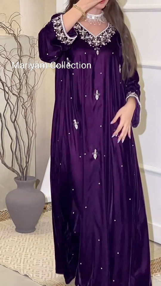 Purple Velvet Gown With silver Crystal Hand Embroidery