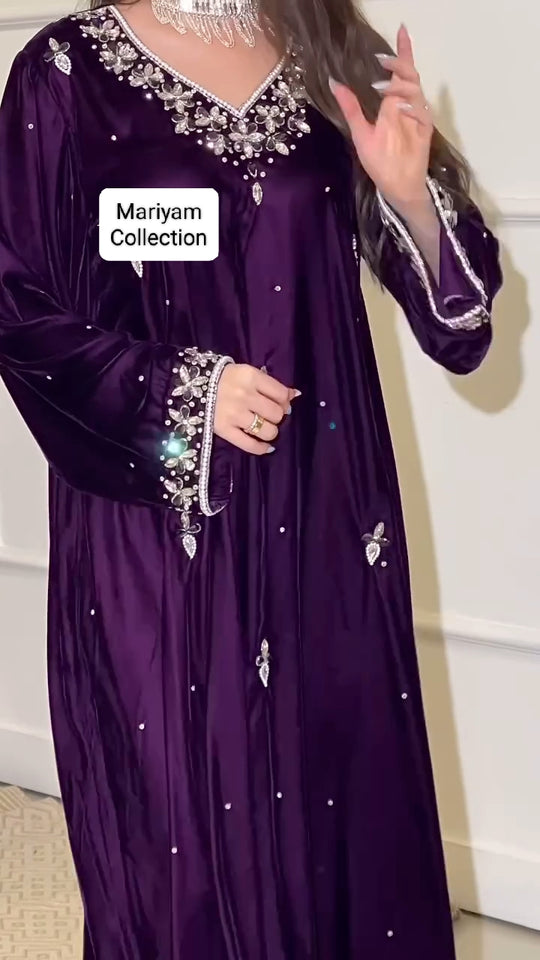 Purple Velvet Gown With silver Crystal Hand Embroidery