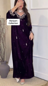 Purple Velvet Gown With silver Crystal Hand Embroidery