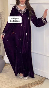 Purple Velvet Gown With silver Crystal Hand Embroidery