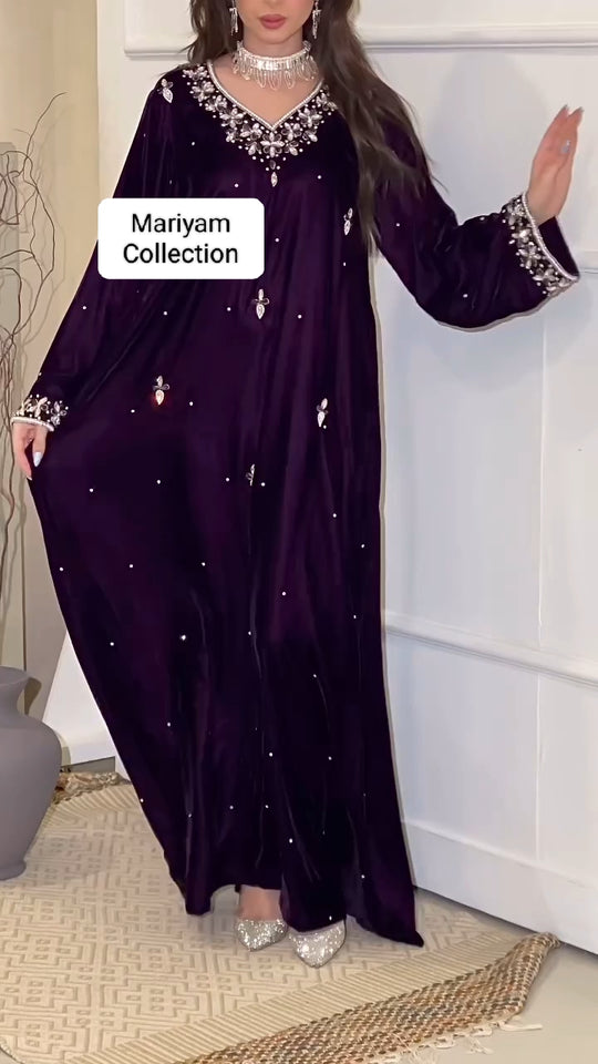 Purple Velvet Gown With silver Crystal Hand Embroidery