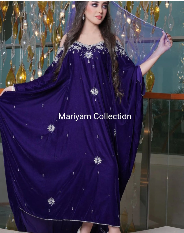 Designer Wedding Dress Crystal Embroidered Kaftan in purple Velvet