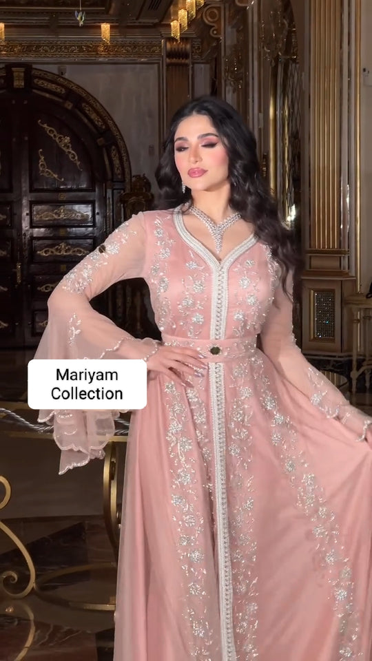 Elegant Kaftan with silver Embroidery–Moroccan Traditional Dress for Special Occasions