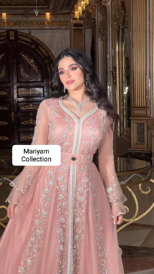 Elegant Kaftan with silver Embroidery–Moroccan Traditional Dress for Special Occasions